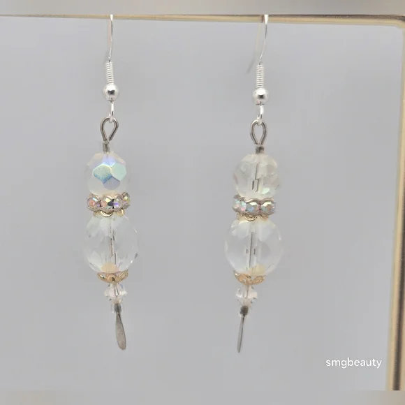 Handmade Sterling Silver AB Crystal Christmas Earrings 2” Swarovski Style - Picture 4 of 8